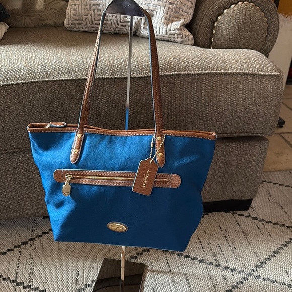 BNWOT Coach Sawyer Blue and Brown Women's Tote Bag Canvas and Leather - Picture 1 of 14